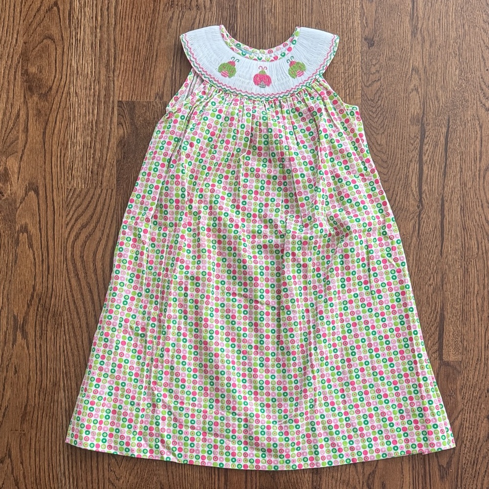Velani Classics Smocked Dress with Pink and Green Dots And Embroidered Bugs